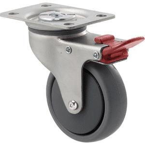 K Series castor, 75mm x 28mm x 23mm TPE rubber wheel, thread guard, swivel plate, total brake, Chicago screw axle, grey seal & red pedal, 50 kg load rating