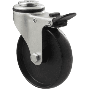 K Series castor, 100mm x 23mm hard black nylon wheel, plain bearing, swivel bolt hole, total brake, 70 kg load rating