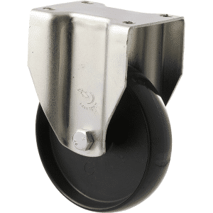 K Series castor, 100mm x 23mm hard black nylon wheel, nylon plain bearing, fixed plate zinc, 70kg load rating