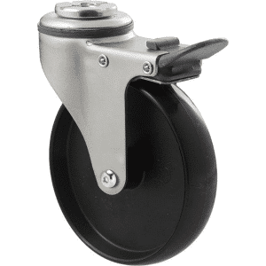 K Series castor, 100mm x 23mm hard black nylon wheel, plain bearing, swivel bolt hole, total brake, Chicago screw axle, grey seal & pedal, 70 kg load rating