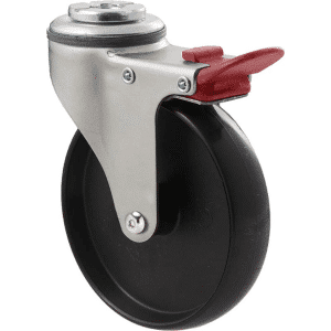 K Series castor, 100mm x 23mm hard black nylon wheel, plain bearing, swivel bolt hole, total brake, Chicago screw axle, grey seal & red pedal, 70 kg load rating
