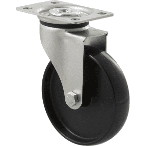 K Series castor, 100mm x 23mm hard black nylon wheel, nylon plain bearing, swivel plate, 70 kg load rating