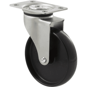 K Series castor, 100mm x 23mm hard black nylon wheel, nylon plain bearing, swivel plate, Chicago screw axle, 70 kg load rating