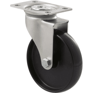 K Series castor, 100mm x 23mm hard black nylon wheel, nylon plain bearing, swivel plate, grey seal, 70 kg load rating