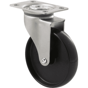 K Series castor, 100mm x 23mm hard black nylon wheel, nylon plain bearing, swivel plate, Chicago screw axle, grey seal, 70 kg load rating