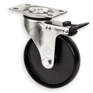 K Series castor, 100mm x 23mm hard black nylon wheel, nylon plain bearing, swivel plate, total brake, 70 kg load rating