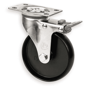 K Series castor, 100mm x 23mm hard black nylon wheel, nylon plain bearing, swivel plate, total brake, grey seal & pedal, 70 kg load rating