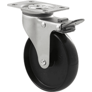 K Series castor, 100mm x 23mm hard black nylon wheel, nylon plain bearing, swivel plate, total brake, Chicago screw axle, grey seal & pedal, 70 kg load rating