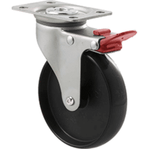 K Series castor, 100mm x 23mm hard black nylon wheel, nylon plain bearing, swivel plate, total brake, Chicago screw axle, grey seal & red pedal, 70 kg load rating