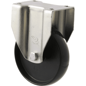 K Series castor, 100mm x 23mm hard black nylon wheel, nylon plain bearing, fixed plate zinc, 70 kg load rating