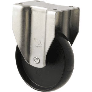 K Series castor, 100mm x 23mm hard black nylon wheel, nylon plain bearing, fixed plate zinc, Chicago screw axle, 70 kg load rating
