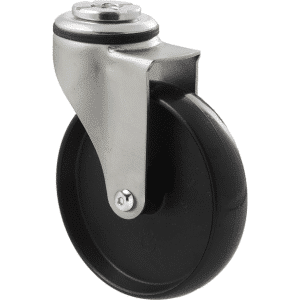 K Series castor, 100mm x 23mm hard black nylon wheel, nylon plain bearing, swivel bolt hole zinc, Chicago screw axle, 70 kg load rating