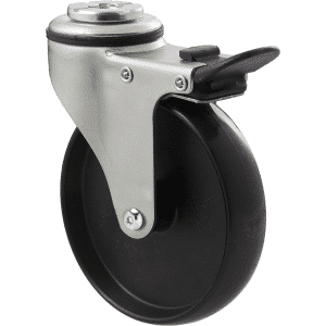 K Series castor, 100mm x 23mm hard black nylon wheel, plain bearing, swivel bolt hole, total brake, Chicago screw axle, 70 kg load rating