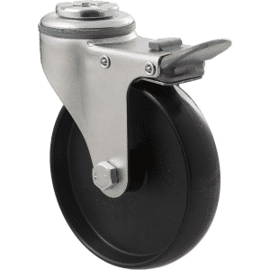 K Series castor, 100mm x 23mm hard black nylon wheel, plain bearing, swivel bolt hole, total brake, grey seal & pedal, 70 kg load rating