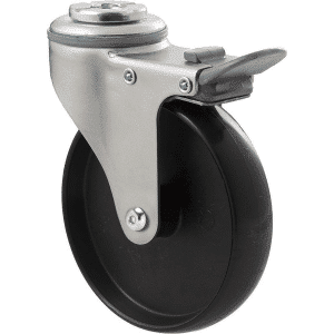 K Series castor, 100mm x 23mm hard black nylon wheel, plain bearing, swivel bolt hole, total brake, Chicago screw axle, grey seal & pedal, 70 kg load rating