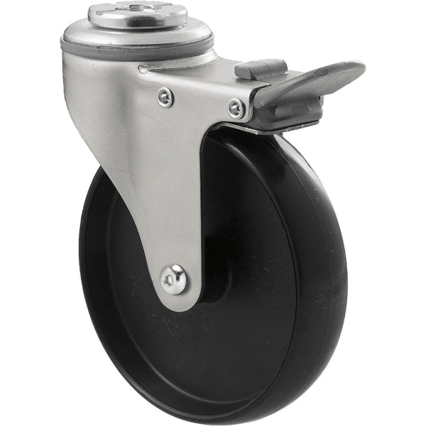 K Series castor, 100mm x 23mm hard black nylon wheel, plain bearing, swivel bolt hole, total brake, Chicago screw axle, grey seal & pedal, 70 kg load rating