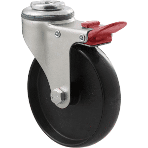 K Series castor, 100mm x 23mm hard black nylon wheel, plain bearing, swivel bolt hole, total brake, grey seal & red pedal, 70 kg load rating