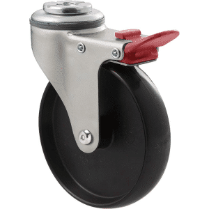 K Series castor, 100mm x 23mm hard black nylon wheel, plain bearing, swivel bolt hole, total brake, Chicago screw axle, grey seal & red pedal, 70 kg load rating