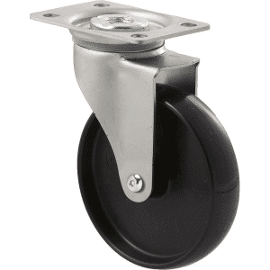 K Series castor, 100mm x 23mm hard black nylon wheel, nylon plain bearing, swivel plate zinc, Chicago screw axle, grey seal, 70 kg load rating