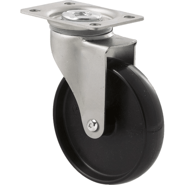 K Series castor, 100mm x 23mm hard black nylon wheel, nylon plain bearing, swivel plate zinc, Chicago screw axle, grey seal, 70 kg load rating
