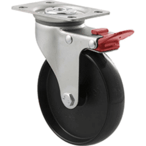 K Series castor, 100mm x 23mm hard black nylon wheel, nylon plain bearing, swivel plate, total brake, grey seal & red pedal, 70 kg load rating