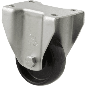 K Series castor, 65mm x 23mm hard black nylon wheel, nylon plain bearing, fixed plate zinc, 50 kg load rating