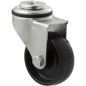 K Series castor, 65mm x 23mm hard black nylon wheel, nylon plain bearing, swivel bolt hole zinc, 50 kg load rating