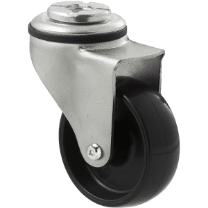 K Series castor, 65mm x 23mm hard black nylon wheel, nylon plain bearing, swivel bolt hole zinc, Chicago screw axle, 50 kg load rating