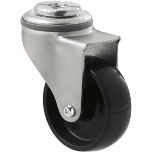 K Series castor, 65mm x 23mm hard black nylon wheel, nylon plain bearing, swivel bolt hole zinc, Chicago screw axle, grey seal, 50 kg load rating