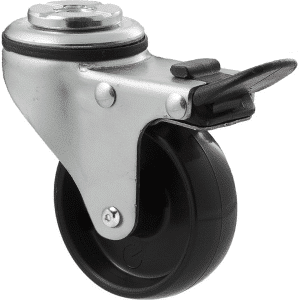 K Series castor, 65mm x 23mm hard black nylon wheel, plain bearing, swivel bolt hole, total brake, Chicago screw axle, 50 kg load rating