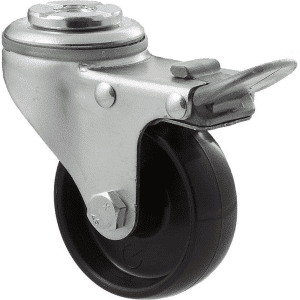 K Series castor, 65mm x 23mm hard black nylon wheel, plain bearing, swivel bolt hole, total brake, grey seal & pedal, 50 kg load rating