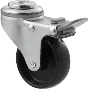 K Series castor, 65mm x 23mm hard black nylon wheel, plain bearing, swivel bolt hole, total brake, Chicago screw axle, grey seal & pedal, 50 kg load rating