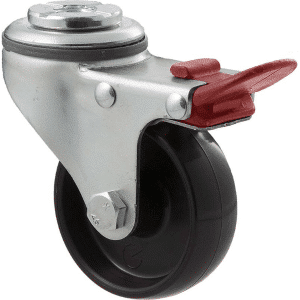 K Series castor, 65mm x 23mm hard black nylon wheel, plain bearing, swivel bolt hole, total brake, grey seal & red pedal, 50 kg load rating