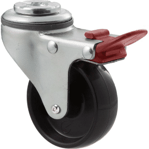 K Series castor, 65mm x 23mm hard black nylon wheel, plain bearing, swivel bolt hole, total brake, Chicago screw axle, grey seal & red pedal, 50 kg load rating