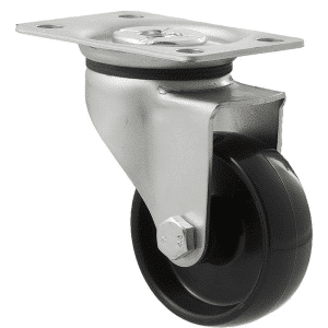 K Series castor, 65mm x 23mm hard black nylon wheel, nylon plain bearing, swivel plate zinc, 50 kg load rating