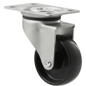 K Series castor, 65mm x 23mm hard black nylon wheel, nylon plain bearing, swivel plate zinc, Chicago screw axle, 50 kg load rating