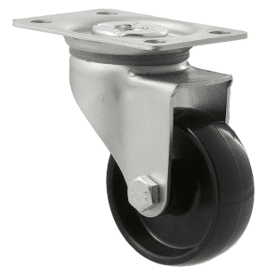 K Series castor, 65mm x 23mm hard black nylon wheel, nylon plain bearing, swivel plate zinc, grey seal, 50 kg load rating