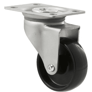 K Series castor, 65mm x 23mm hard black nylon wheel, nylon plain bearing, swivel plate zinc, Chicago screw axle, grey seal, 50 kg load rating