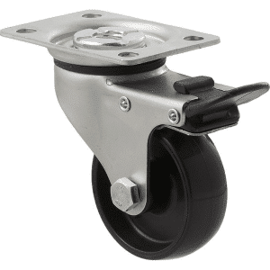 K Series castor, 65mm x 23mm hard black nylon wheel, nylon plain bearing, swivel plate, total brake, 50 kg load rating
