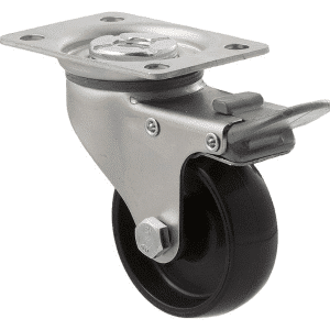 K Series castor, 65mm x 23mm hard black nylon wheel, nylon plain bearing, swivel plate, total brake, grey seal & pedal, 50 kg load rating
