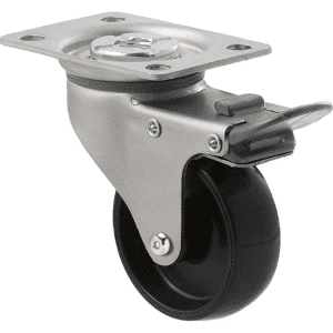 K Series castor, 65mm x 23mm hard black nylon wheel, nylon plain bearing, swivel plate, total brake, Chicago screw axle, grey seal & pedal, 50 kg load rating