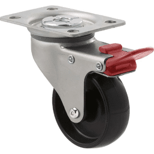 K Series castor, 65mm x 23mm hard black nylon wheel, nylon plain bearing, swivel plate, total brake, Chicago screw axle, grey seal & red pedal, 50 kg load rating