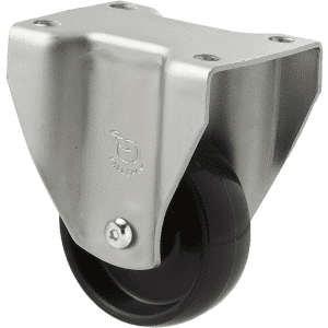 K Series castor, 65mm x 23mm hard black nylon wheel, nylon plain bearing, fixed plate zinc, Chicago screw axle, 50 kg load rating