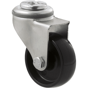 K Series castor, 65mm x 23mm hard black nylon wheel, nylon plain bearing, swivel bolt hole zinc, grey seal, 50 kg load rating