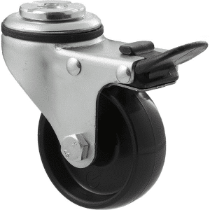 K Series castor, 65mm x 23mm hard black nylon wheel, plain bearing, swivel bolt hole, total brake, 50 kg load rating