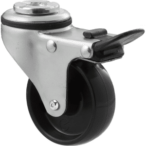 K Series castor, 65mm x 23mm hard black nylon wheel, plain bearing, swivel bolt hole, total brake, Chicago screw axle, 50 kg load rating