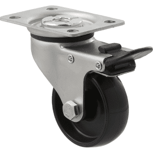 K Series castor, 65mm x 23mm hard black nylon wheel, nylon plain bearing, swivel plate, total brake, 50 kg load rating