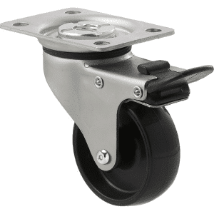 K Series castor, 65mm x 23mm hard black nylon wheel, nylon plain bearing, swivel plate, total brake, Chicago screw axle, 50 kg load rating