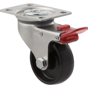 K Series castor, 65mm x 23mm hard black nylon wheel, nylon plain bearing, swivel plate, total brake, grey seal & red pedal, 50 kg load rating