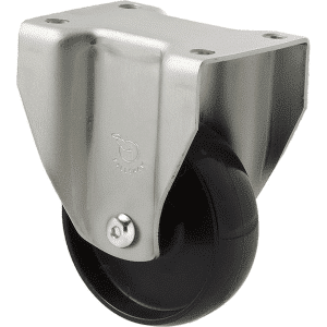 K Series castor, 75mm x 28mm x 23mm hard black nylon wheel, nylon plain bearing, fixed plate zinc, Chicago screw axle, 65 kg load rating